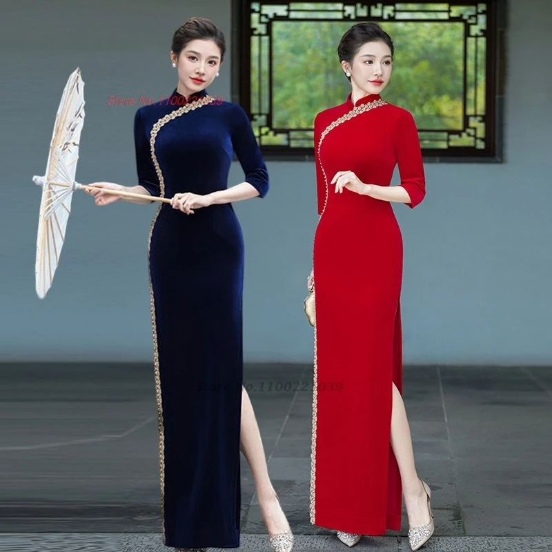 

2026 chinese vintage dress improved cheongsam oriental banquet qipao dress flower embroidery velvet cheongsam evening dress
