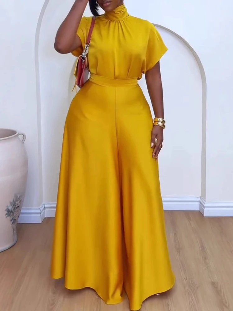 Yellow Satin Elegant Temperament Women's Loose High Neck Strap Flying Sleeve Top Leisurely Wide Leg Pants Vacation Two-piece Set