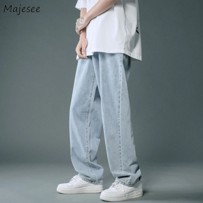 

Summer Jeans Men Loose High Waist Washed Casual Streetwear Fashion Wide Leg Trousers All-match Teens Personality Ulzzang Daily
