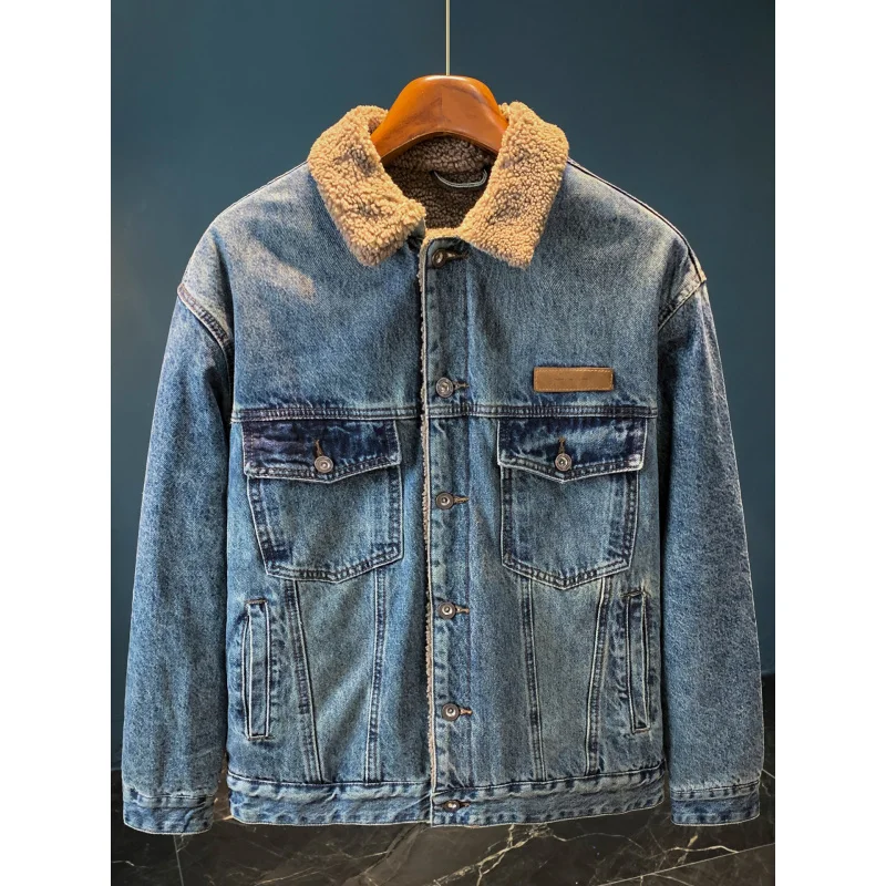 

Толстая джинсовая куртка с добавлением флиса для мужского зимнего тепло, мужская одежда, американская куртка в стиле ретро плюс с воротником