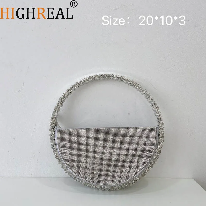 

Diamond Circular Evening Bags Women New Round Handle Rhinestone Dinner Clutch Purses Ladies Half Moon Handbag Wedding Party