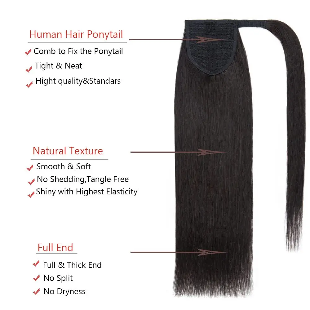 Straight Wrap Around Ponytail Extensions Human Hair 16 To 26 Inches Remy Brazilian Hair Clip In Natural Black Color Hairpiece