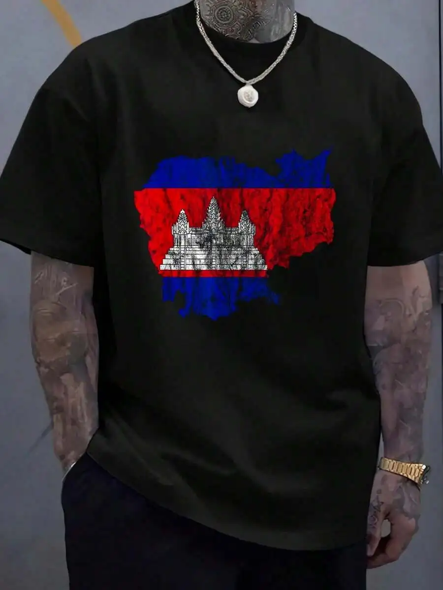 100% Cotton Cambodia Cambodian Flag Silhouette Kampuchea Khmer Travel T-Shirt Men's Graphic Tee Causal Tops Fashion Tshirt Short