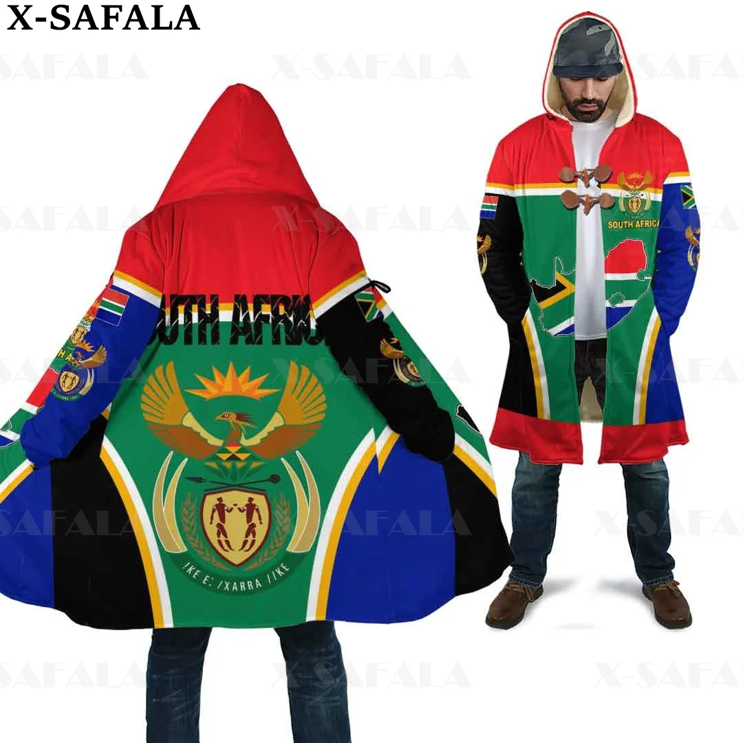 

South Africa Emblem Action Flag Country Thick Warm Hooded 3D Print Cloak Men Overcoat Coat Windproof Fleece Cape Robe Blanket-2