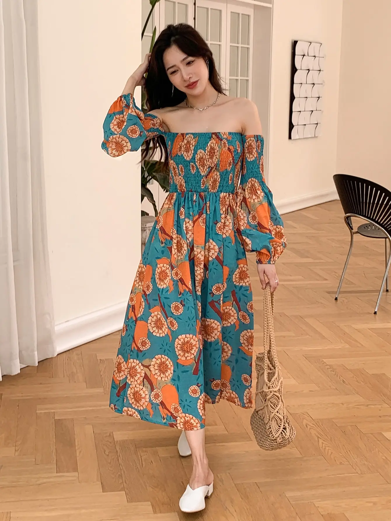 Off shoulder sexy one shoulder waist long dress Bohemian beach dress women's floral holiday dress