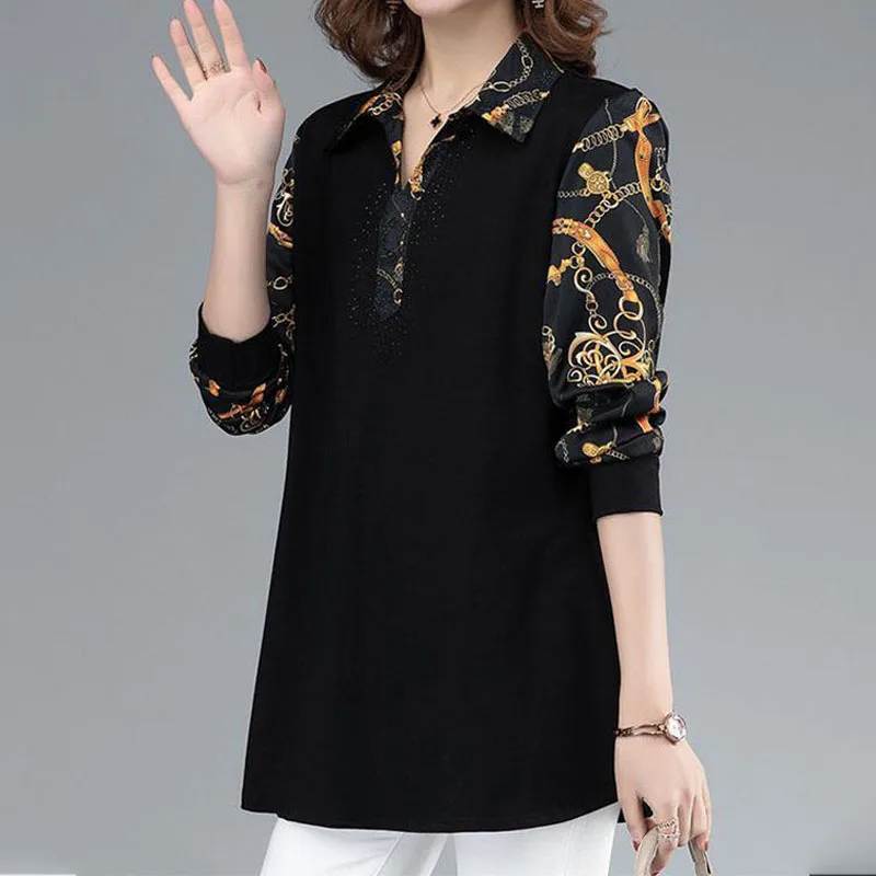 

Fashion Turn-down Collar Printed Vintage T-shirt Midi Women's Clothing Long Sleeve Casual Diamonds Spliced Pullovers Tops XQ175