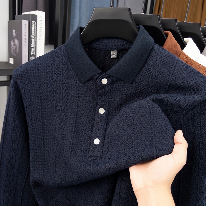 Polo da uomo a maniche lunghe lavorata a maglia jacquard alla moda, comfort di alta qualità, primavera autunno, maglione con risvolto casual in tinta unita