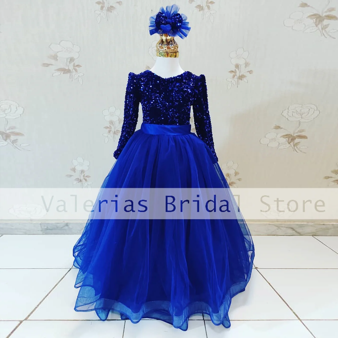 Vestido de flores azul brillante para niña, lazo de lentejuelas, fiesta de boda, vestido de Baile de Princesa, elegante, fiesta de cumpleaños de bebé, vestidos de manga larga