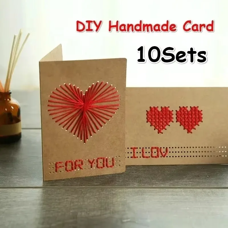 

10Sets Diy Handmade Loving Heart Christmas Card Birthday Gift Message Cards with Envelopes Ropes Wedding Invitations