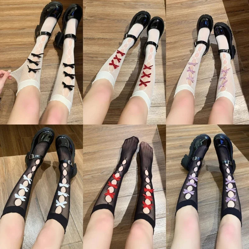 Women Fishnet Bowknot Hollow Out Calf Socks Spring and Summer Thin Lolita Sheer Skin Stacking Socks Breathable Sweet JK Socks