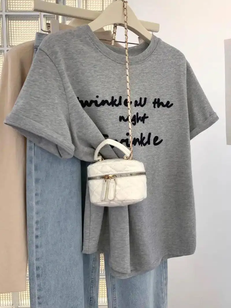 

ay European Sle 92 Cotton Embroidered ort Sve T-irt Women's Mid-Length Design Sensation Summer New Faion Top