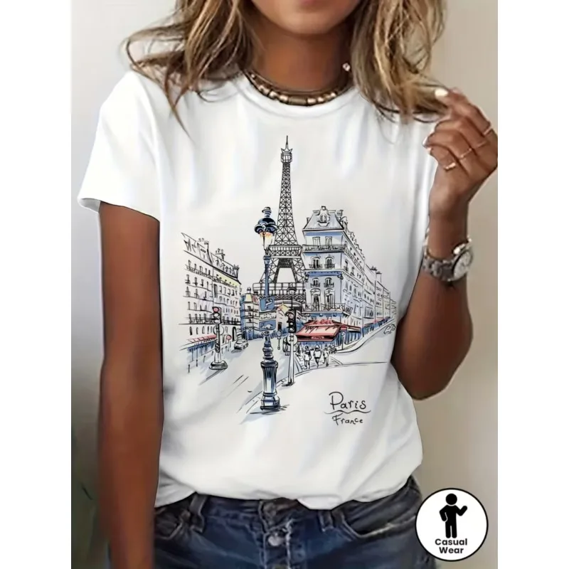 T-shirt à manches courtes décontracté pour femme avec motif de croquis de la Tour Eiffel de Paris, France, imprimé paysage urbain français, col rond doux