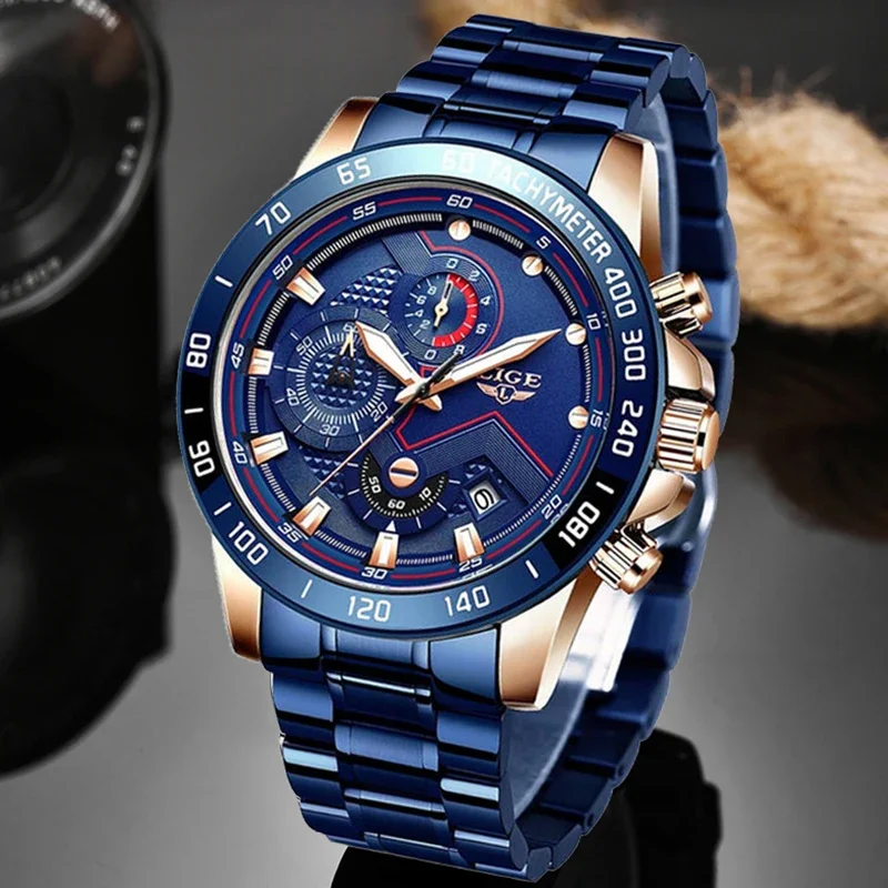 LIGE Fashion Luxury Quartz Man Watch Stainless Steel Band Waterproof Casual Sport Watches for Men Chronograph Business Reloj+Box