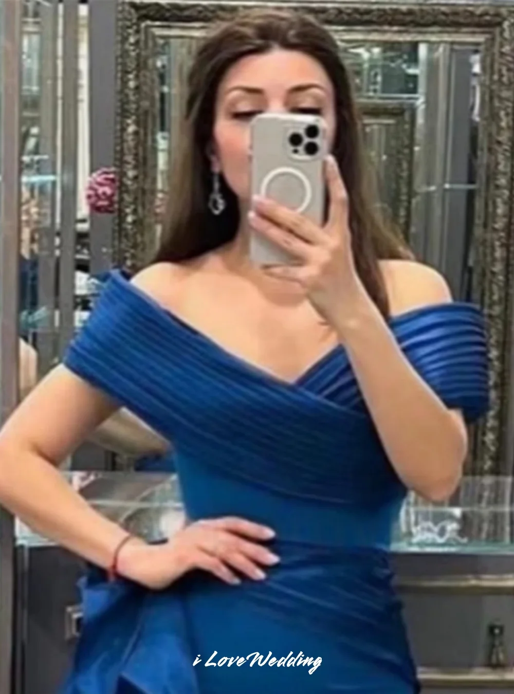 Blue Off the Shoulder Evening Dresses 2025 Satin V-Neck Belt Pleated Mermaid Floor-Length Wedding Party Dresses Customized