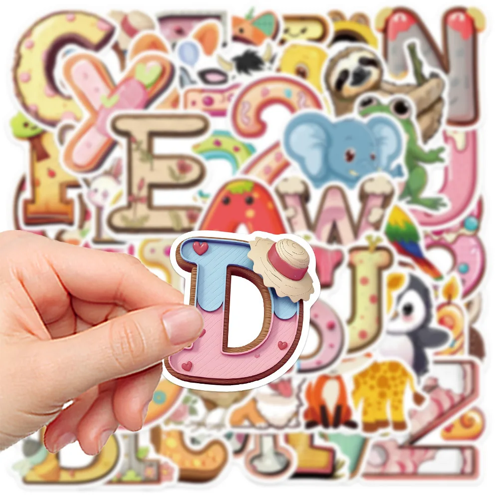 10/30/50PCS Kawaii Cartoon English Alphabet Stickers Animal Digit Stickers Ornament Bicycle Car Guitar Skateboard Waterproof Toy