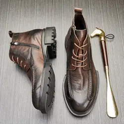 Men's Leather Boots High-top Thick Bottom Shoes Round Head Comfortable Anti-slip Casual Side Zip Short Boots Botas Masculinas