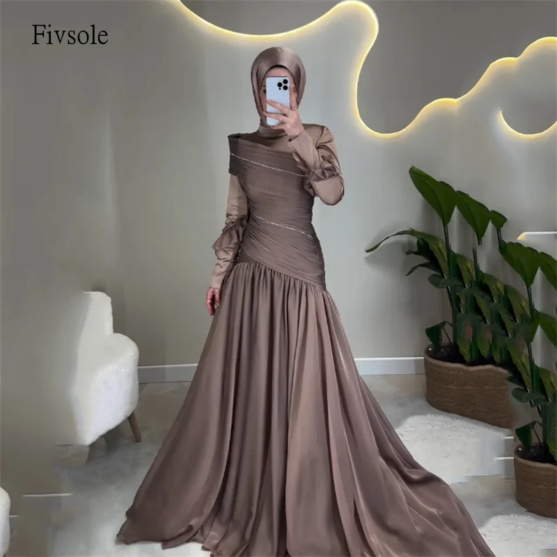 Fivsole modeste moka col haut une ligne robes de bal manches longues asymétrique robe de soirée longueur de plancher robe de soirée personnalisée