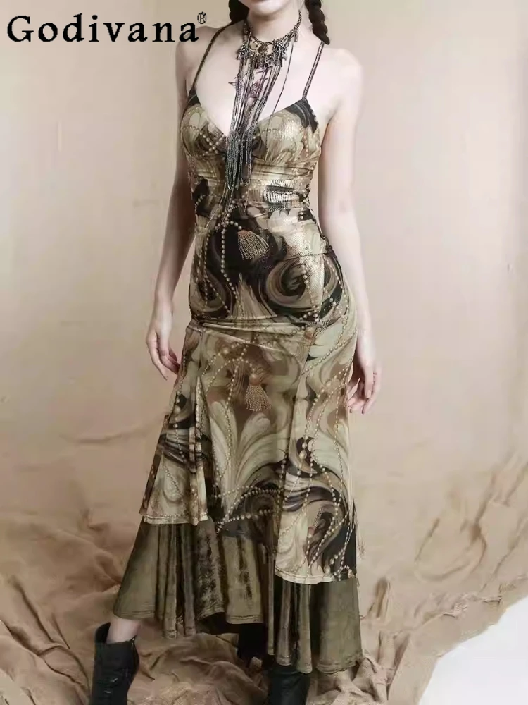 

Spring Summer New European Retro Chain Big Swing Fishtail Suspender Dress Fashion High Waist Sexy V-neck Sleeveless Dresses