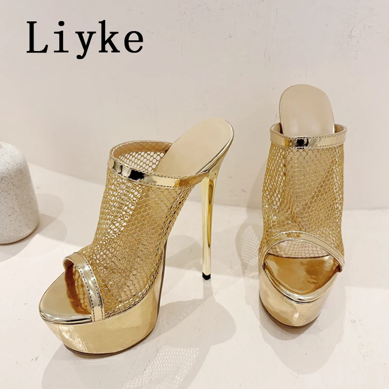 Liyke Summer Fashion Breathable Mesh Peep Toe Extreme High Heels Platform Slippers For Women Sandals Shoes Lady Pumps Slides