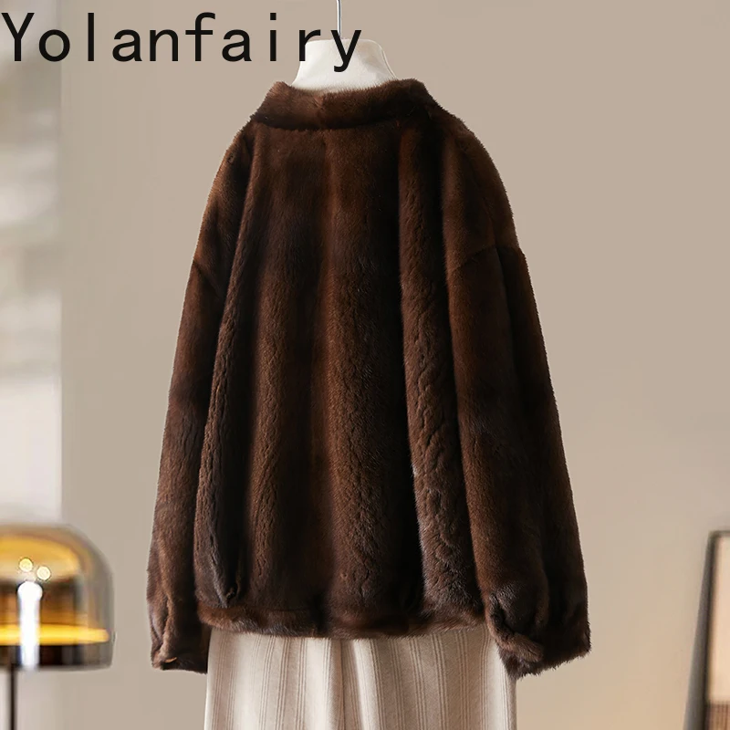YOLANFAIRY Natural Fur Coat Woman Real Mink Fur Jacket Autumn Winter Luxury Elegant V-neck Short Mink Fur Coats Abrigos Mujer