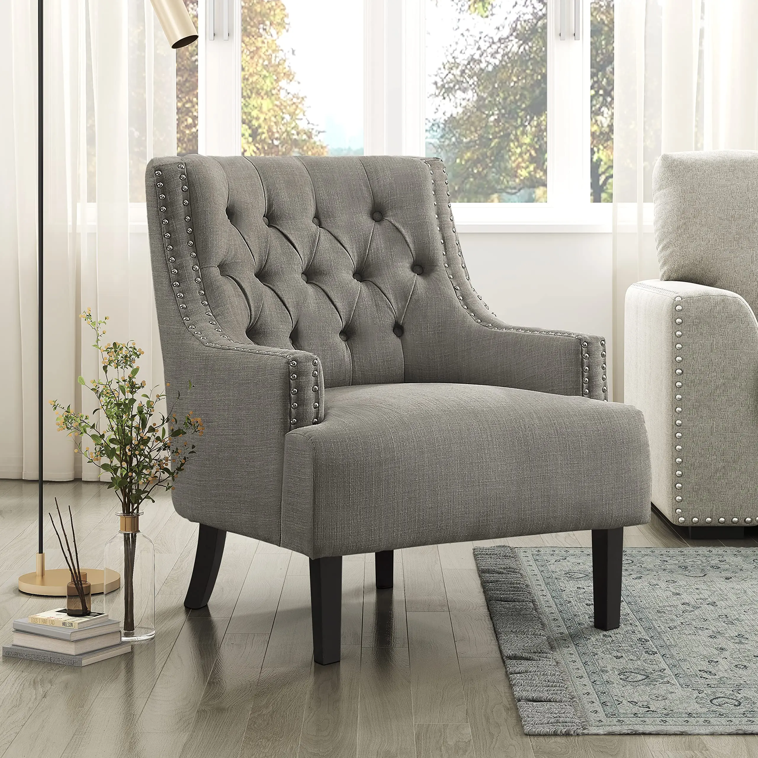 

Tufted Accent Chair With Nailhead Trim Solid Wood Legs Upholstered Armchair For Living Room Bedroom Office