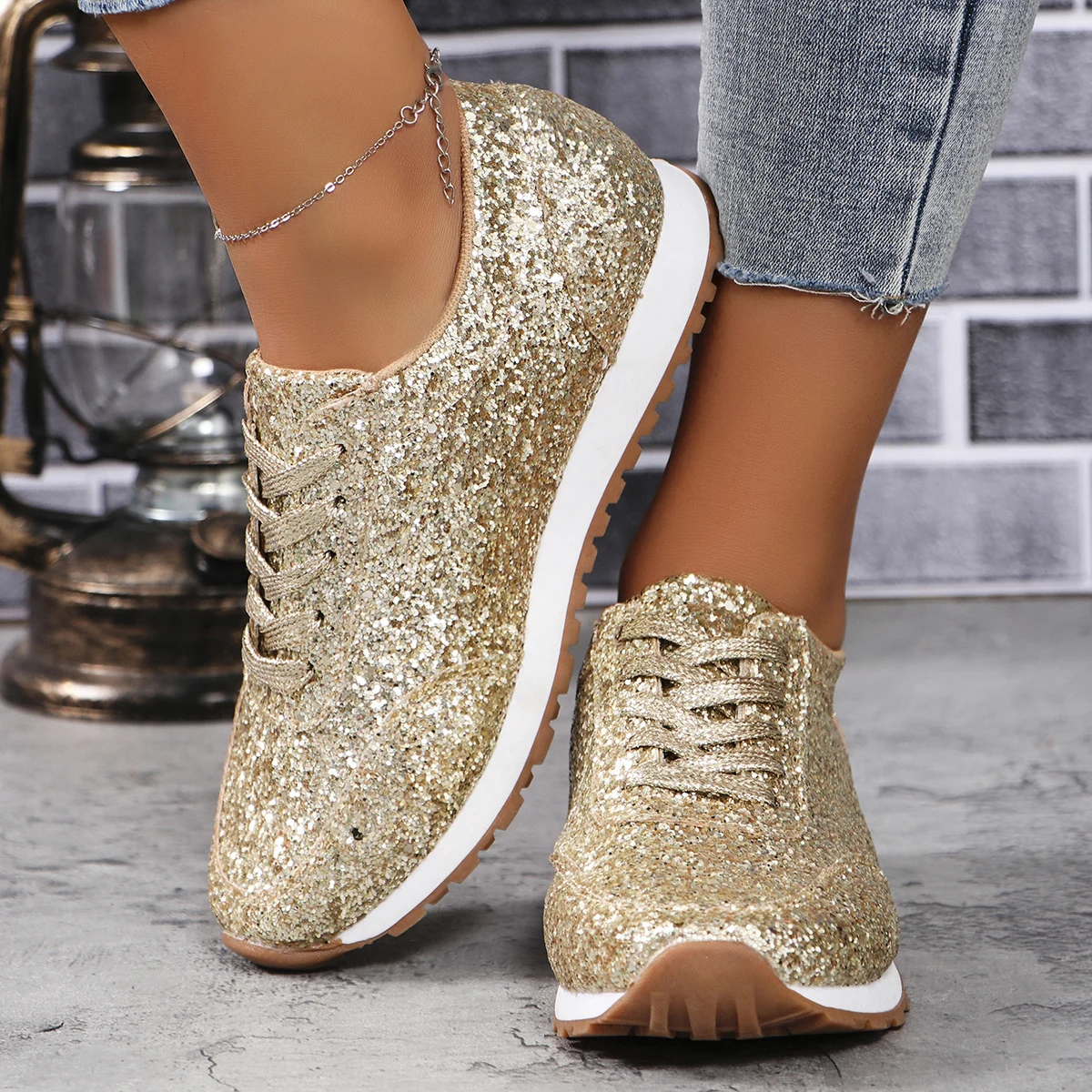 Shiny sequins casual trainers large size flat bottom tie single shoes fashionable versatile shallow mouth women's shoes 43