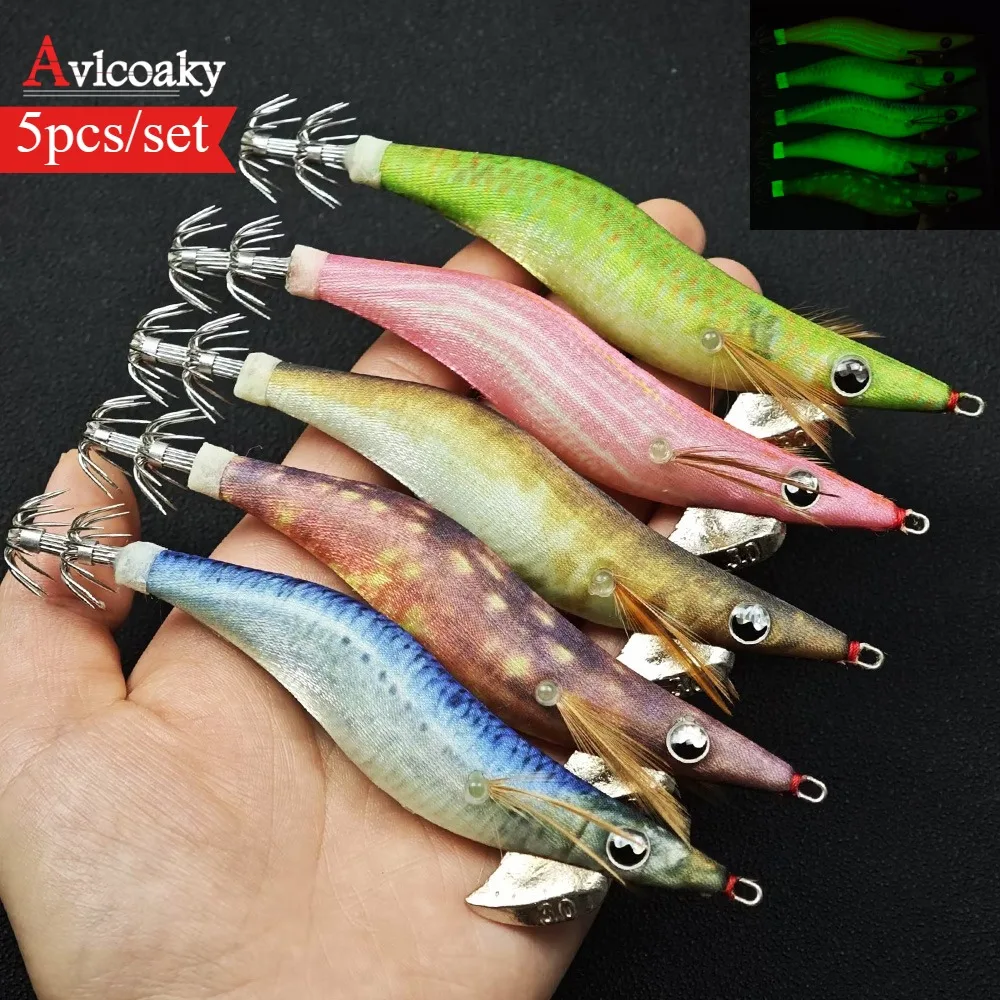 5pcs/set Real Shrimp Fishing Lure Saltwater Glow Cuttlefish Shrimp Baits Sea Fishing Accessories Squid Jig Hook Octopus Baits