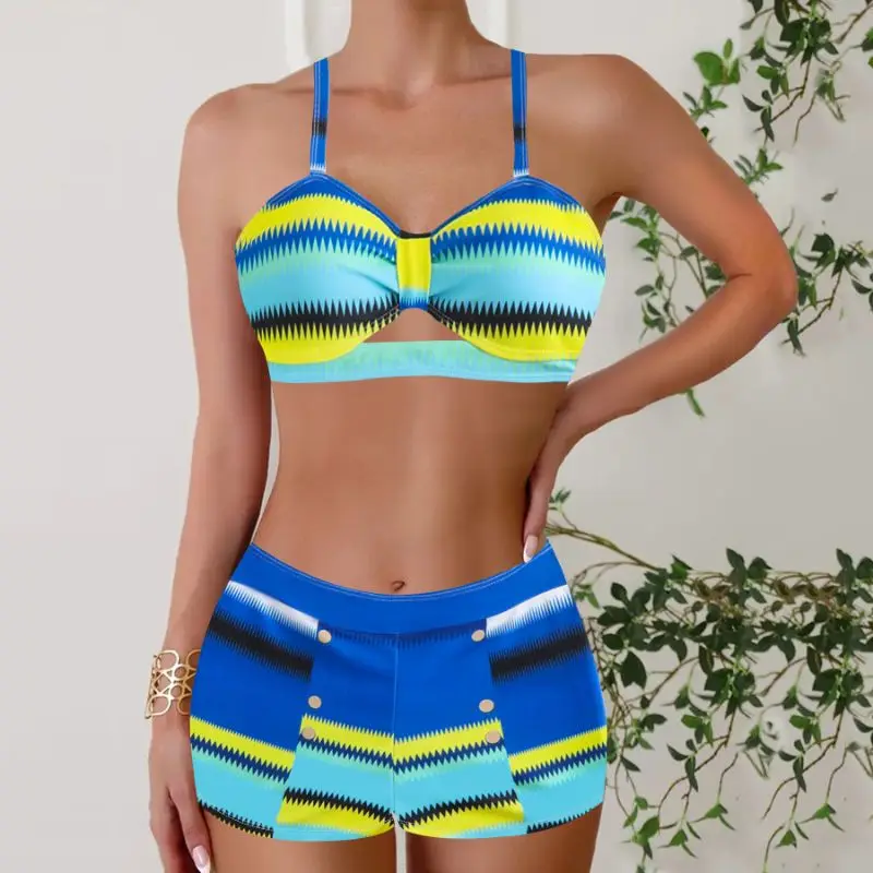 Cikini Summer Beach Striped Print Ruched Bikini Set Sexy Swimwear Bathing Suit For Women