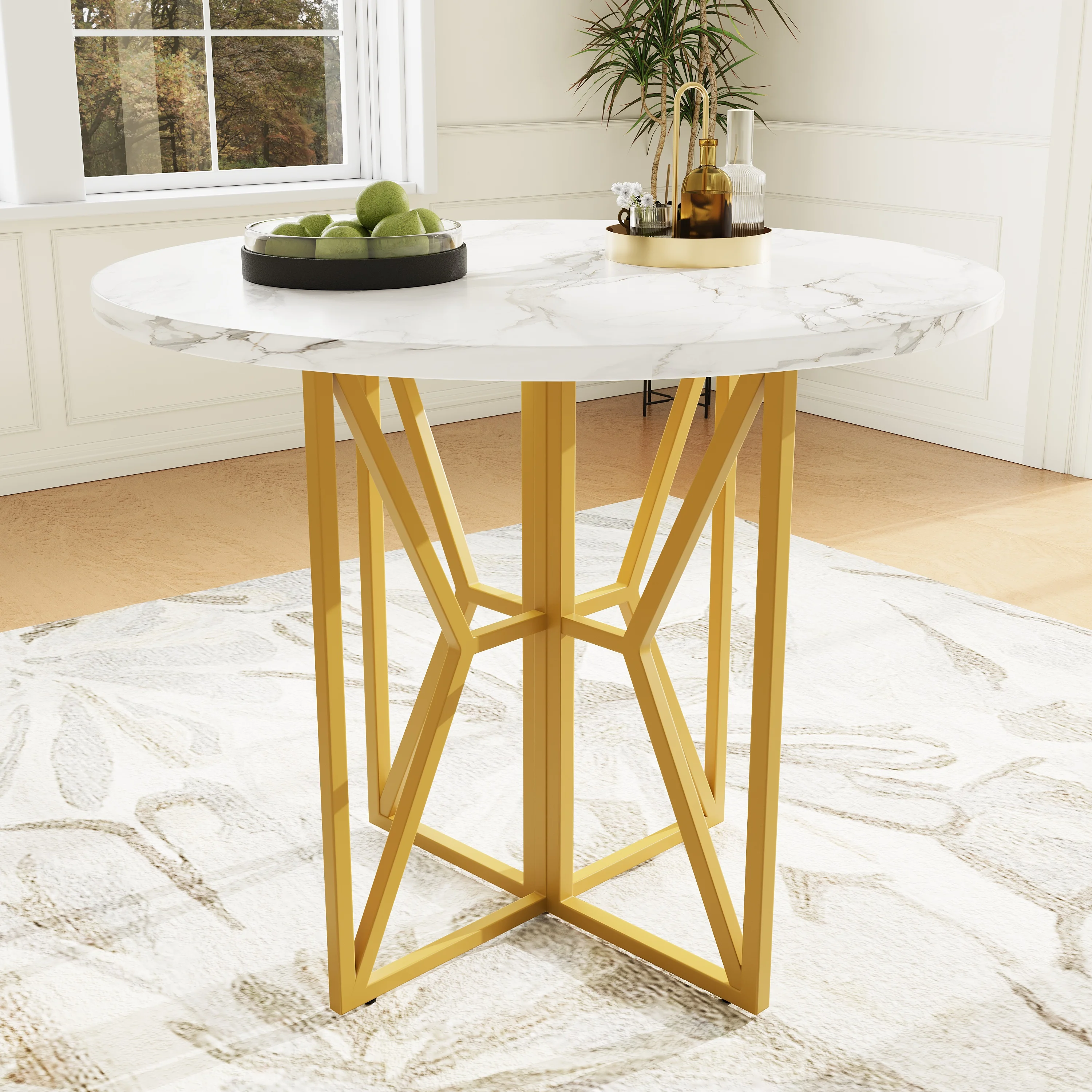 4-6 persoons ronde eettafel keukentafel MDF marmeren tafelblad gouden tafelpoten