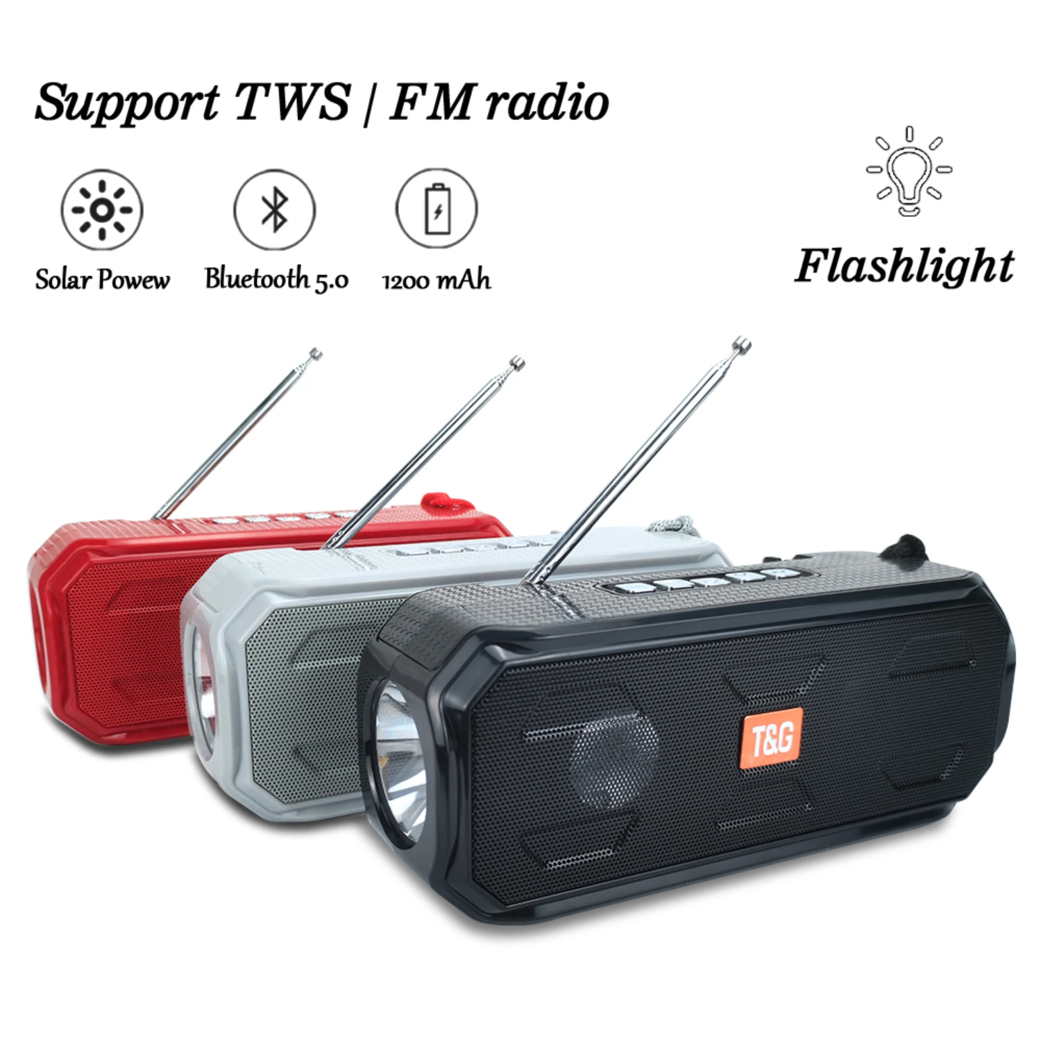 

TG280 Solar Charging Wireless Stereo Speaker With Flashlight Outdoor TWS Bass Music Box Bluetooth-compatible Speaker TF FM Radio