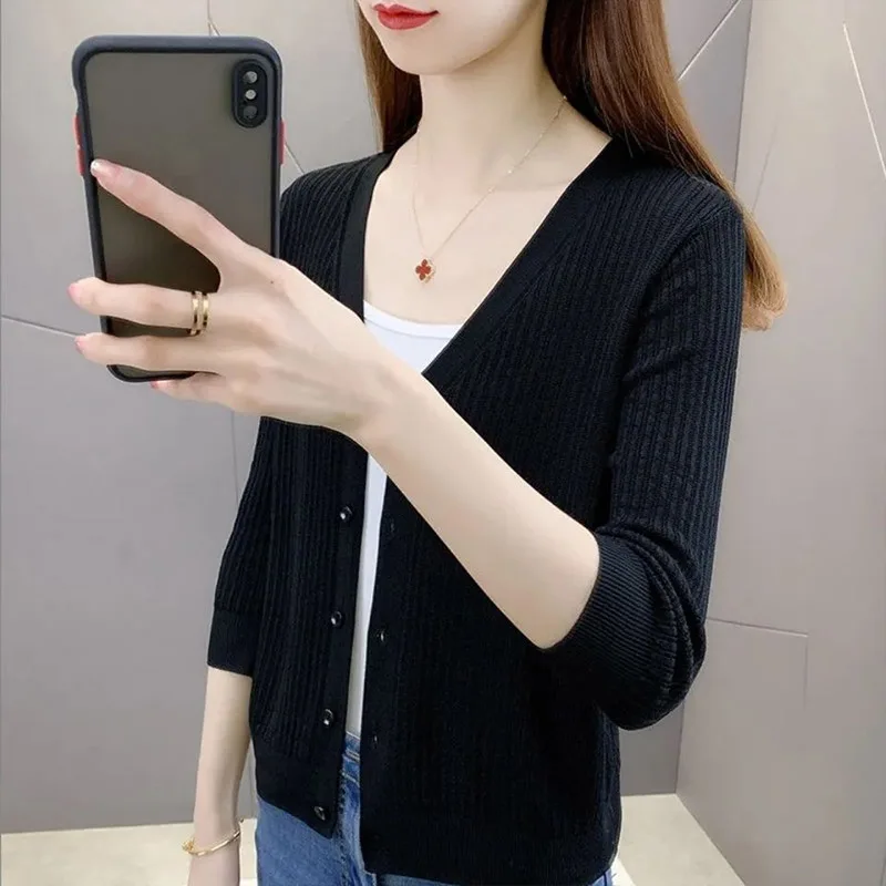 Women Clothing Fashion Solid Single Breasted Long Sleeve Cardigan Summer Casual Loose Thin V-neck Sunscreen Shirt Top 40-90Kg