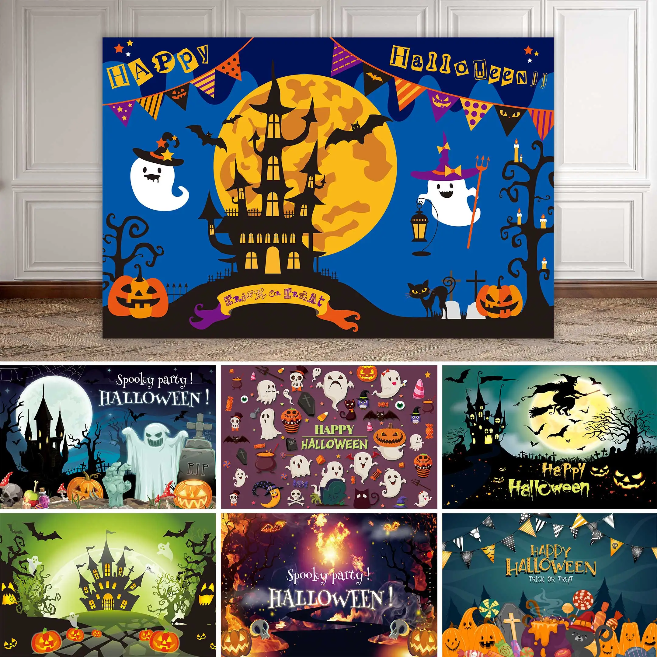 

NeoBack Autumn Happy Halloween Night Moon Pumpkin Bat Cat Little Ghost Castle Blue Trick or Treat Party Banner Background