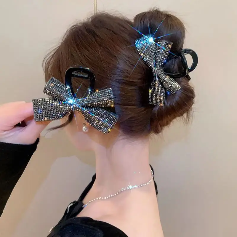 Full Rhinestone Bow Hair Claw Elegant Temperament Simple Back of Head Shark Clip Romantic Ponytail Clip Women Girls Daily Wear