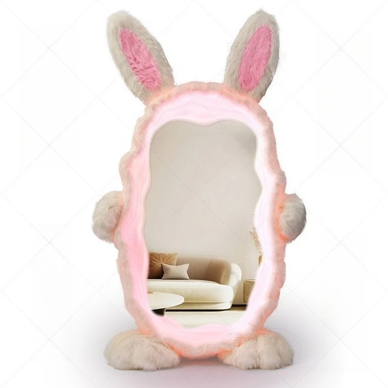 

Fluffy Rabbit Floor Mirror with LED Lights Full Length Dressing Mirror for Bedroom Vanity