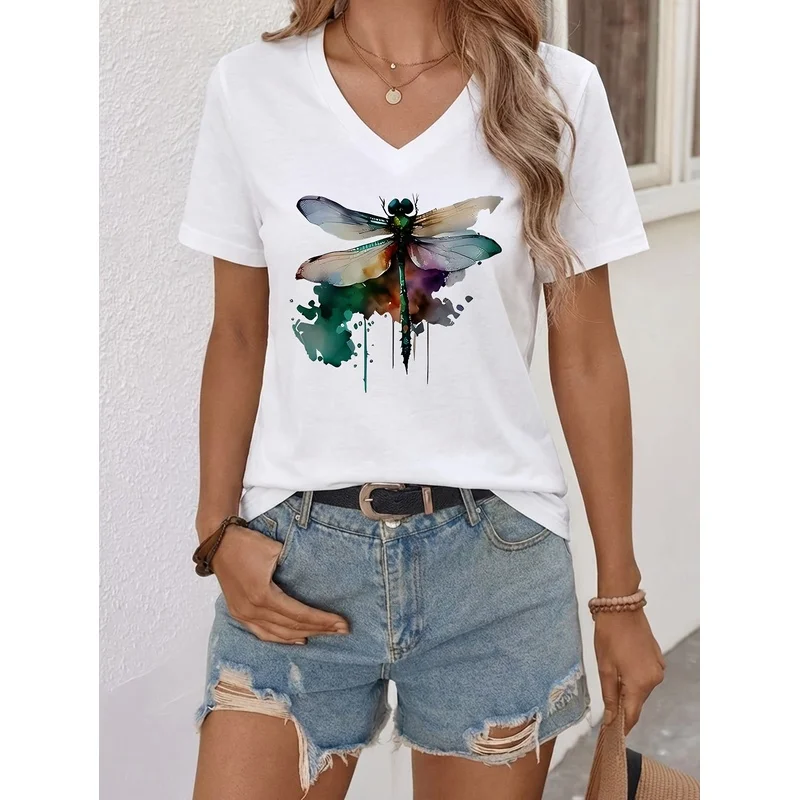 Women'S  V-Neck Short-Sleeve T-Shirt Featuring a Watercolor Dragonfly Art Print, Breathable And Wrinkle-Resistant, Perfect for