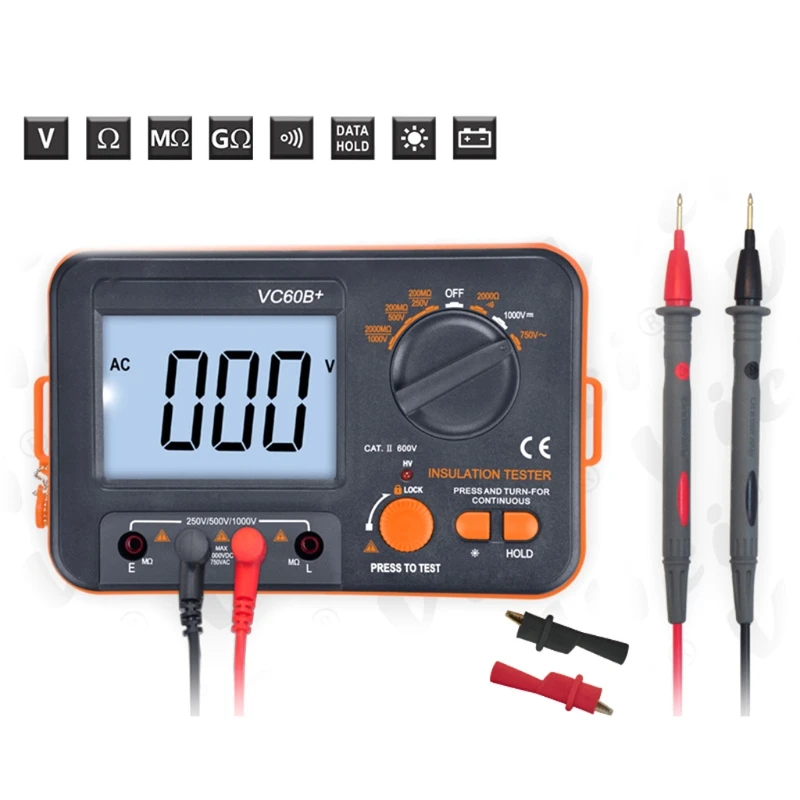 VC60B + cyfrowy tester rezystancji izolacji megaomomierz DC250 1000V AC750V pomarańczowy czarnym alarmem zwarciowym