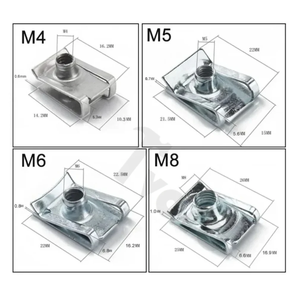 10pcs Stainless Steel U Type Clips Plate Leaf Spring Nut M6 M5 M4 M8 8mm 5mm 6mm 4mm Reed Nuts for Car Motorcycle Scooter ATV