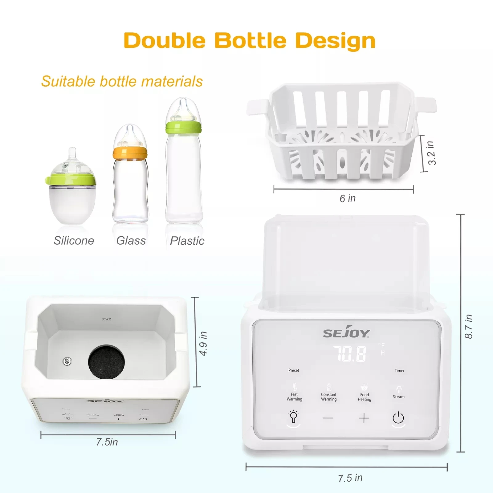 SEJOY Babyflaschenwärmer, Doppelflasche, schneller Milchwärmer mit Timer, Muttermilch für Reisen, Sterilisator, Milchflaschenheizung für Neugeborene