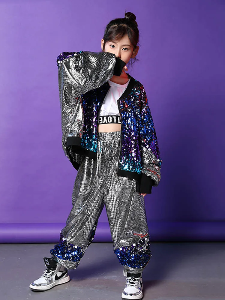 Kid Hip Hop Clothing Sequined Coat Jacket Loosed Silver Pants For Girls Boys Street Jazz Dance Costume Performan Clothes Suits