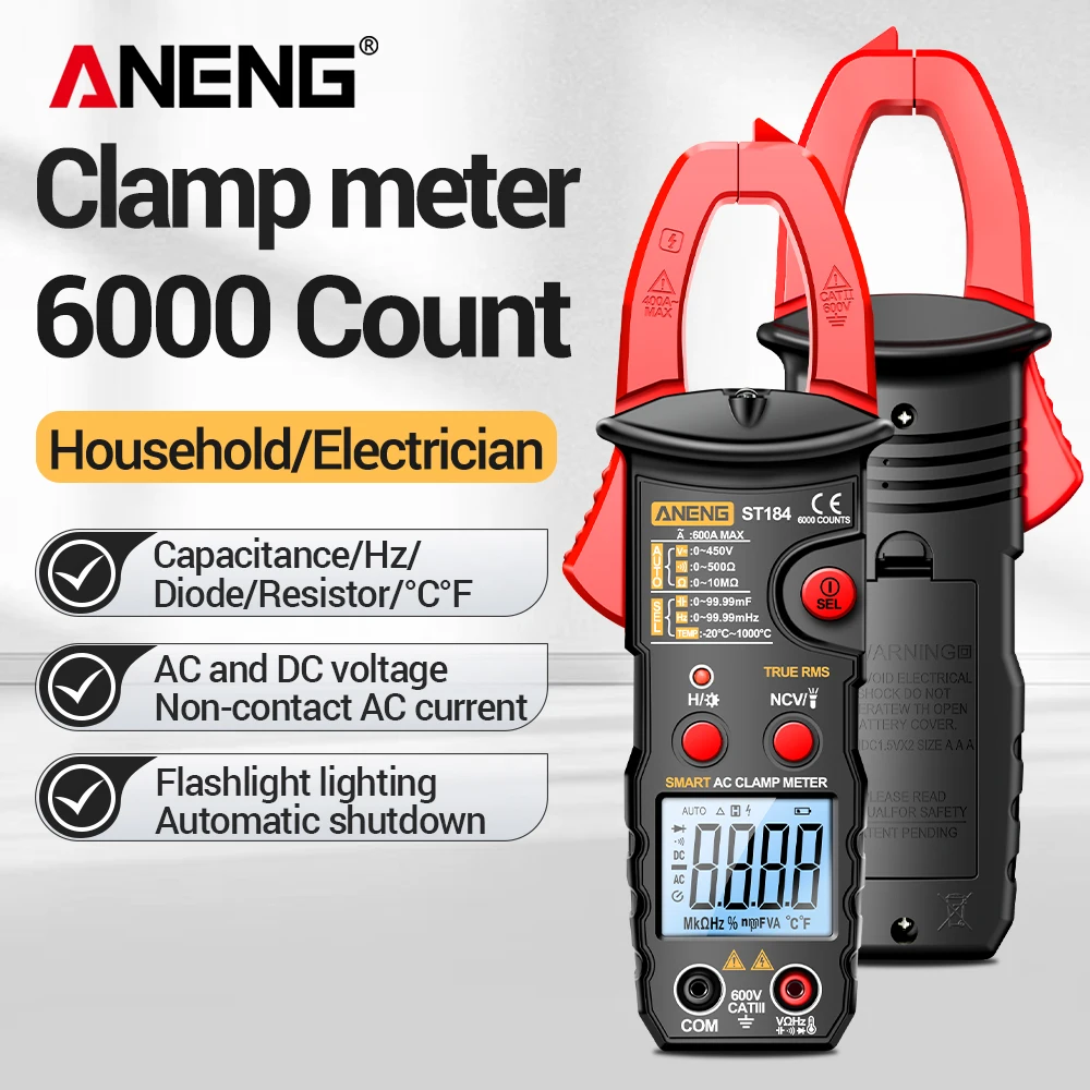 

Clamp Meter Digital Multimeter ANENG ST184 NCV True RMS 6000 Count Voltage Current Ohm Induction Tester Electrician Detection To