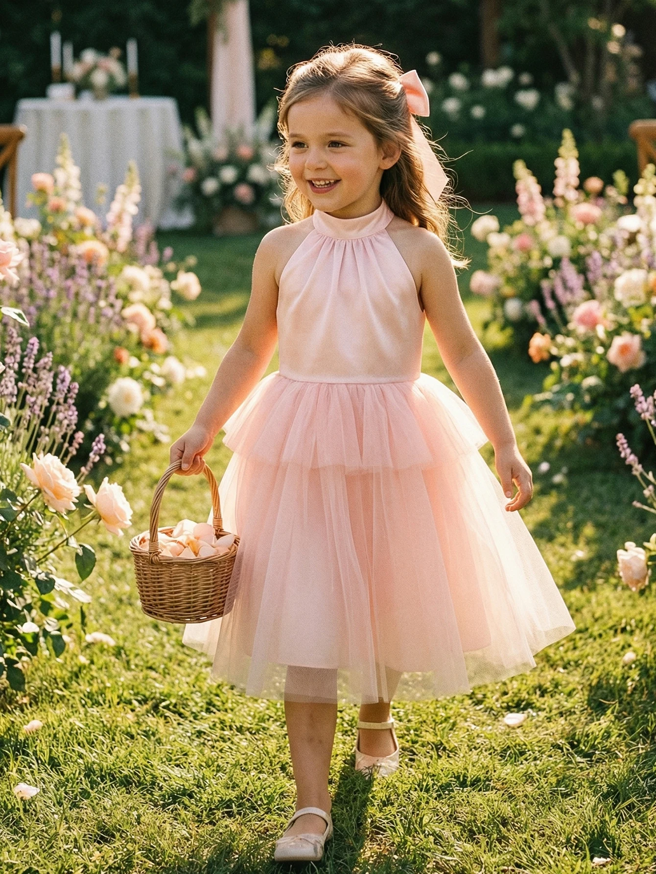Girls Halter Satin Tulle Dress Kids Wedding Flower Girl Party Layered Tutu Gown