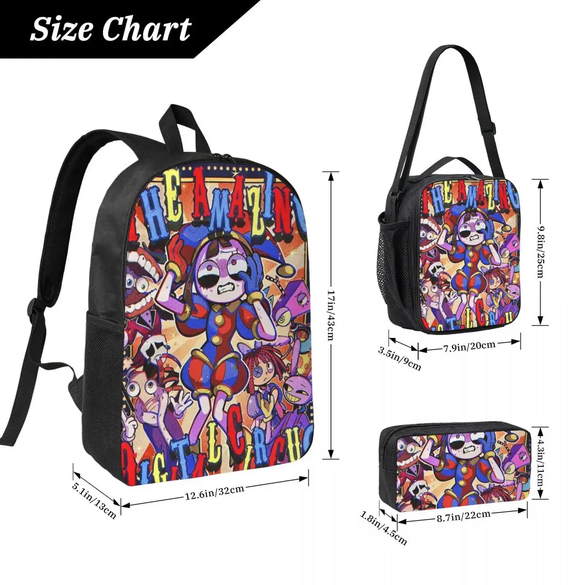 Cute Pomni The Amazing Digital Circus Girls Y2k Basic Backpack Boys Girls BookBag School Bag 3ps Insulated Lunch Bag Pencil Case