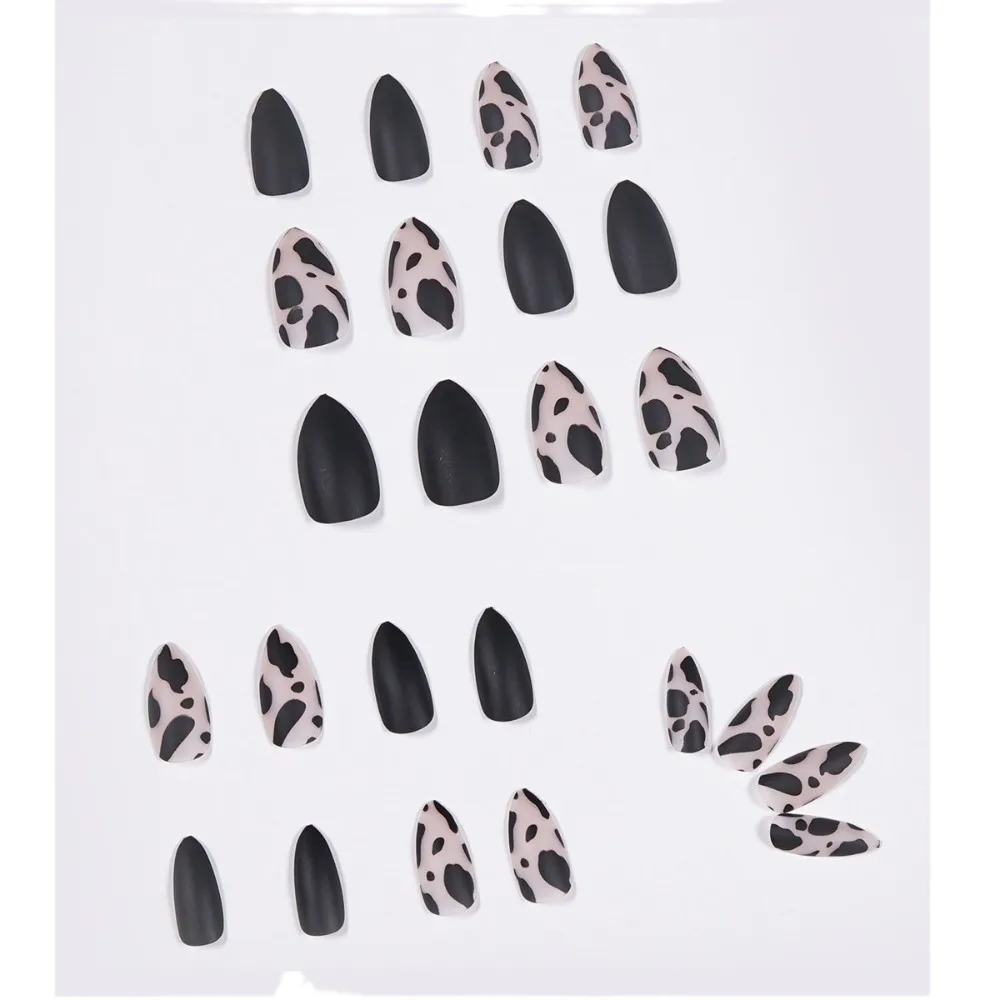 Matte Black Press On Nails Almond Coffin Stiletto Shape Leopard Print False Nails Glue on Full Cover Artificial Nails for Women