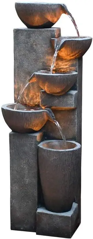 

5 Tier Outdoor Water Fountain Resin Decor With LED Lighting Natural Polyresin Looking Stone Decor For Garden Patio