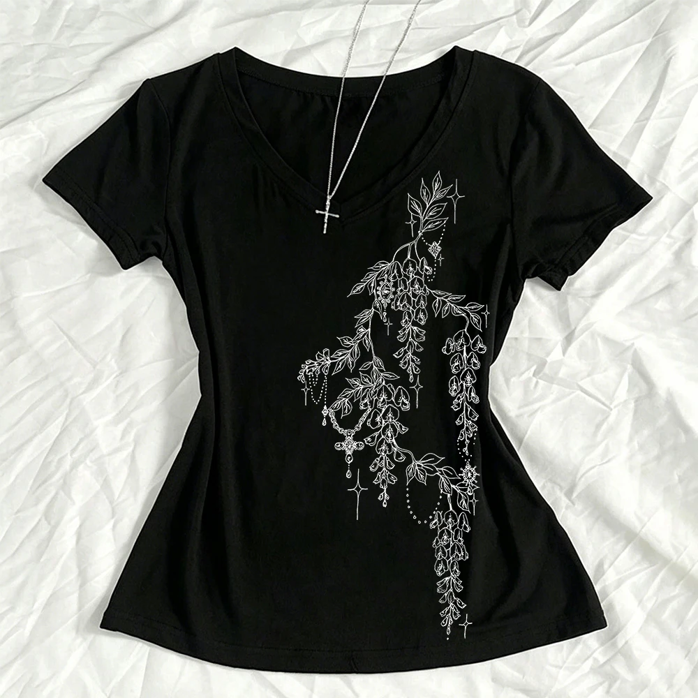 90s Gothic retro pattern T-shirt Y2k top women's Gothic clothing Emo short sleeved women's T-shirt clothing female star girl Y2k
