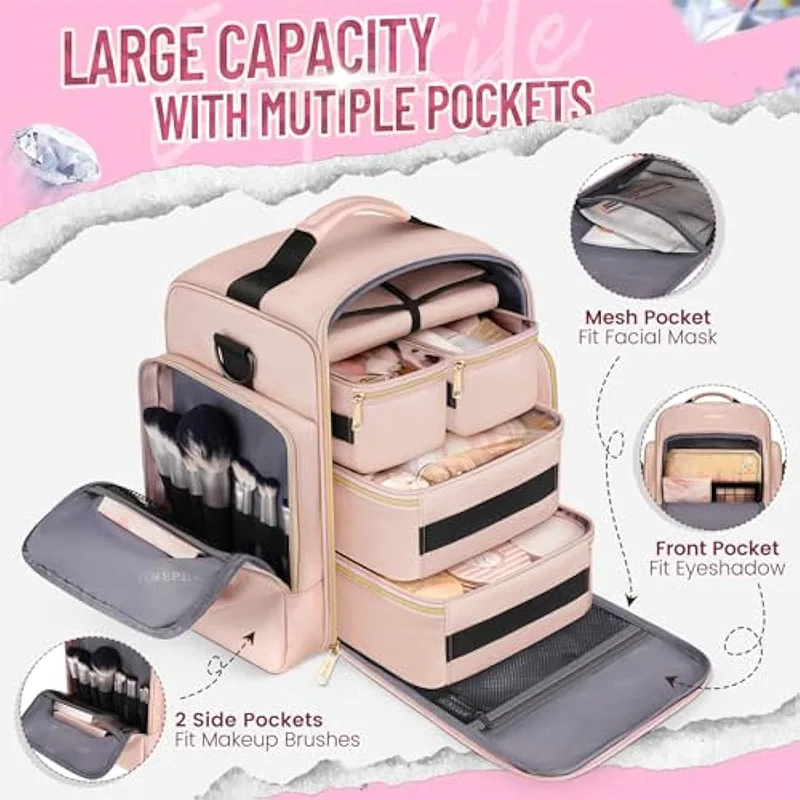 

Pink Professional Makeup Backpack, Multi-Pocket Cosmetic Organizer with Brush Slots for Travel & Salon