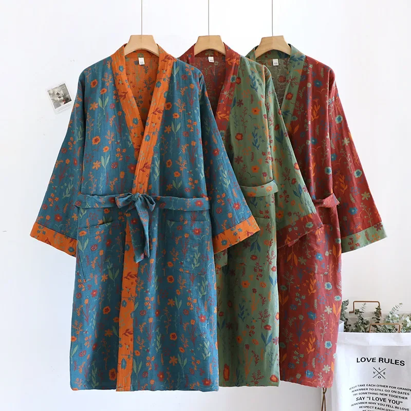 

Women's Pure Cotton Kimono Style Sleepwear Double Layer Gauze Steam Bath Robe Long Sleeve Spring Summer Autumn Seasonal Clothing