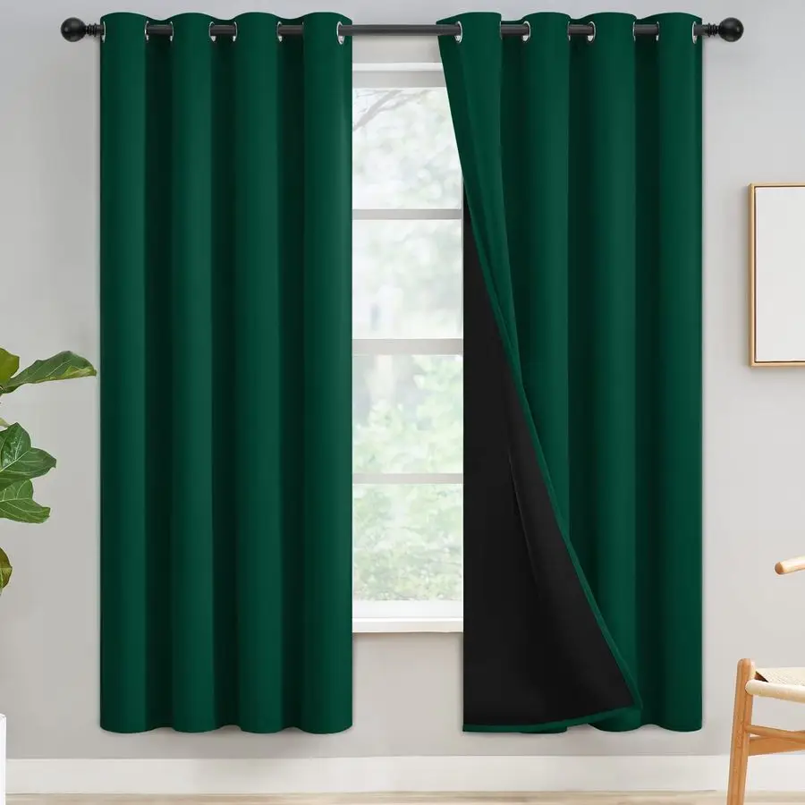 

100 Blackout Curtains for Bedroom 72 Inch Length, Emerald Green Total Light Blocking Drapes with Black Backing, Thermal Insulate