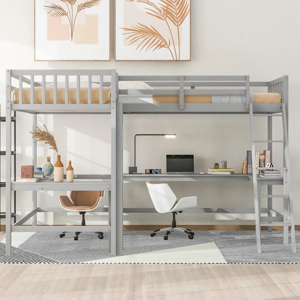 Cama loft cinza em forma de L com escada e 2 mesas embutidas, 2 camas em 1 para dormitório, sem necessidade de mola, madeira, 2 camas em 1