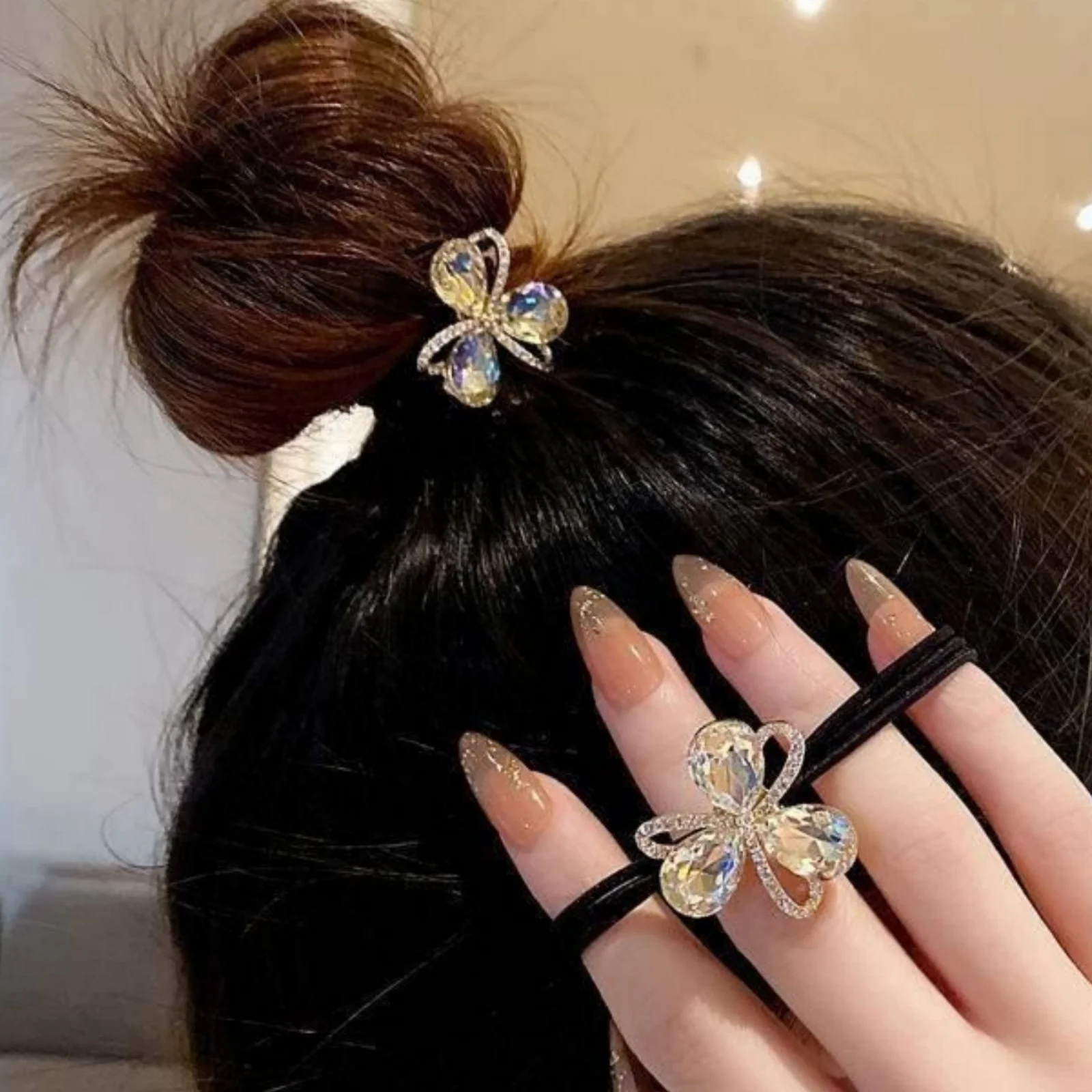 1PC New Flash Diamond Flower Headband Fashion Ponytail Temperament Hair Circle Black High Elasticity Tie Marble Hair Rope Female